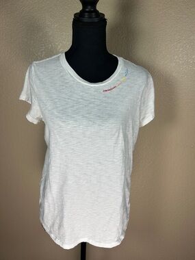Spanx Embroidered Rainbow Tee White Crew Neck Short Sleeve Size Large